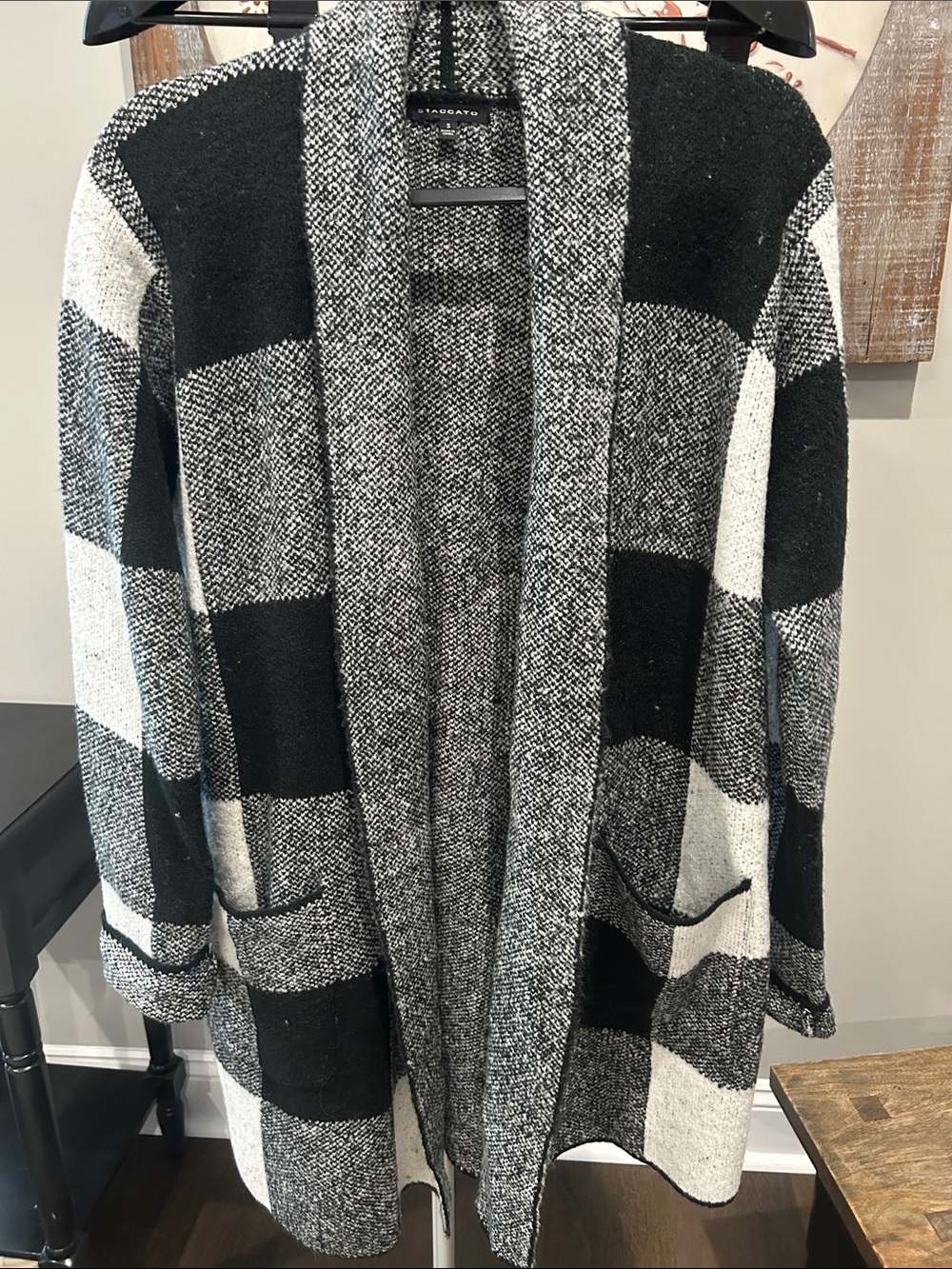 Staccato Black & White Buffalo-Check Open-Front Cardigan With Pockets Size Small